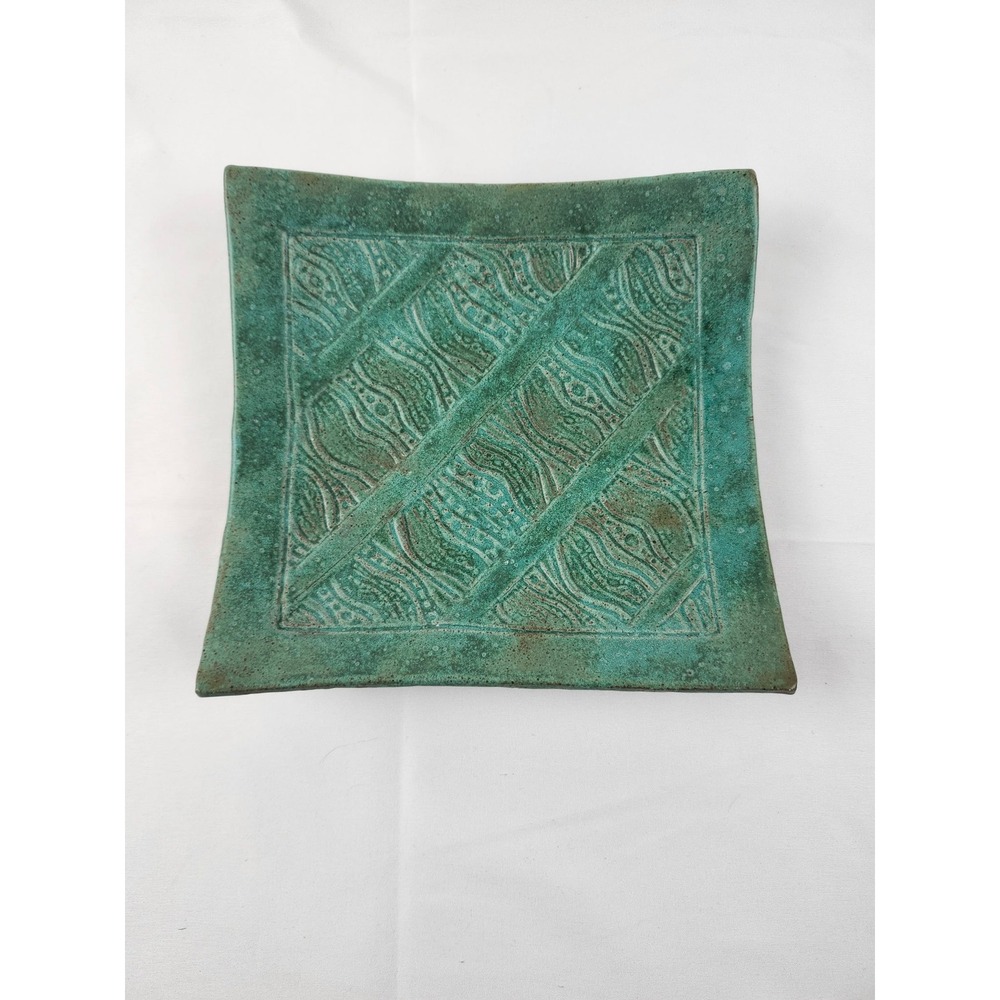 Beth M Studio Pottery Square Dish Verdigris Green Embossed Ceramic Bowl‎ Tray